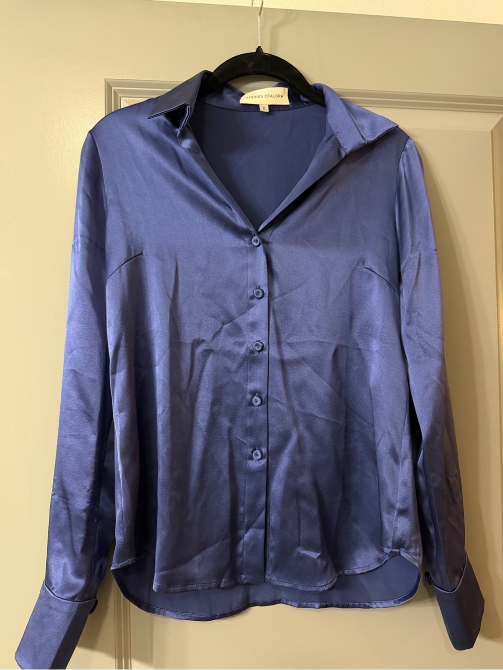 Andres Otalora Deep Blue Satin Button-Down Blouse